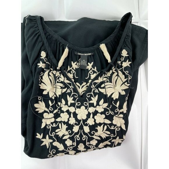 Lucky Brand Sz XS Black Floral Embroidered Tassel Drawstring Tunic Dress Peasant - Picture 9 of 11